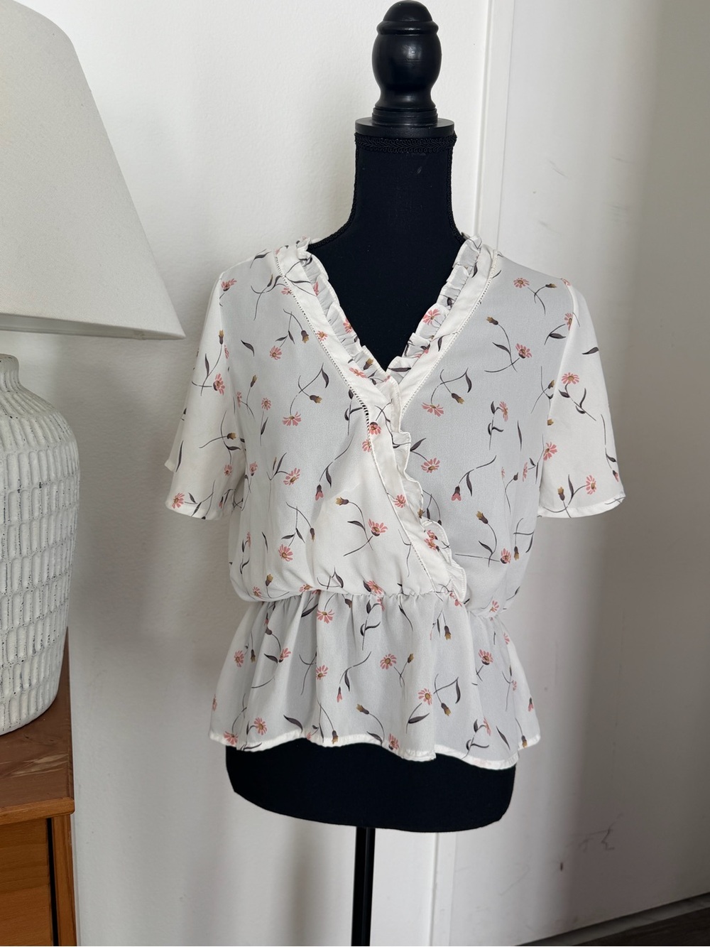 Sienna Sky White Wrap Peplum Blouse with Pink Floral Print